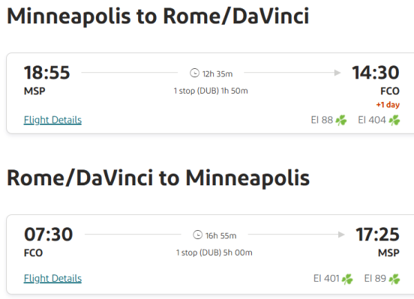 Flight details between Minneapolis and Rome.