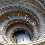 A top-down view of a spiral staircase with people walking on it.